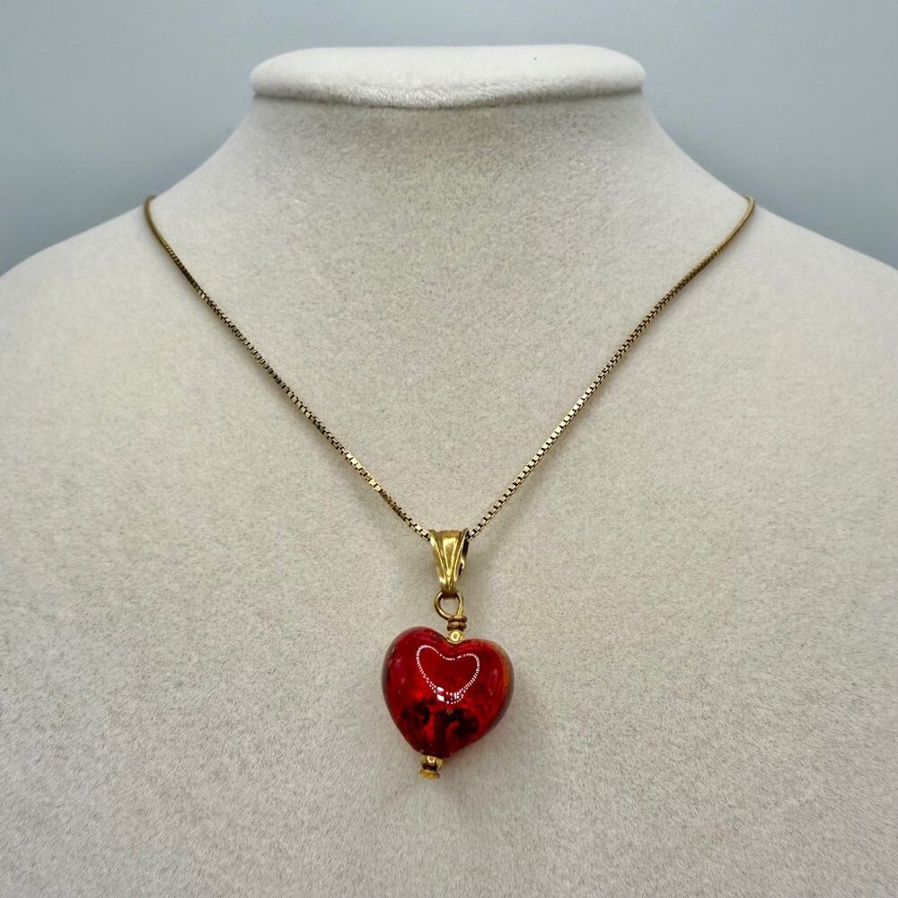 Murano Glass Red Heart Pendant Gold Vermeil 925 Sterling Silver Chain Necklace